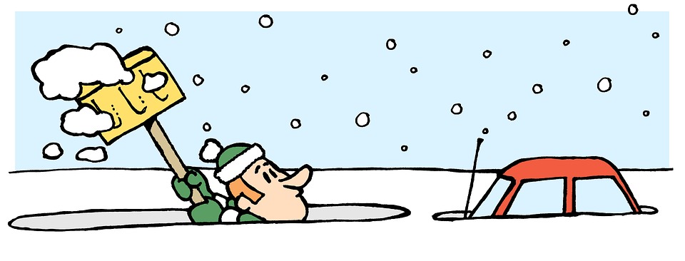A cartoon of someone shoveling out of deep snow.