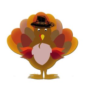 Cartoon turkey wearing a black pilgrim hat