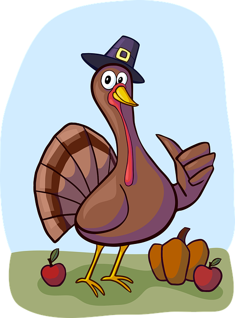 Turkey giving a thumbs-up wearing a Pilgrim hat.