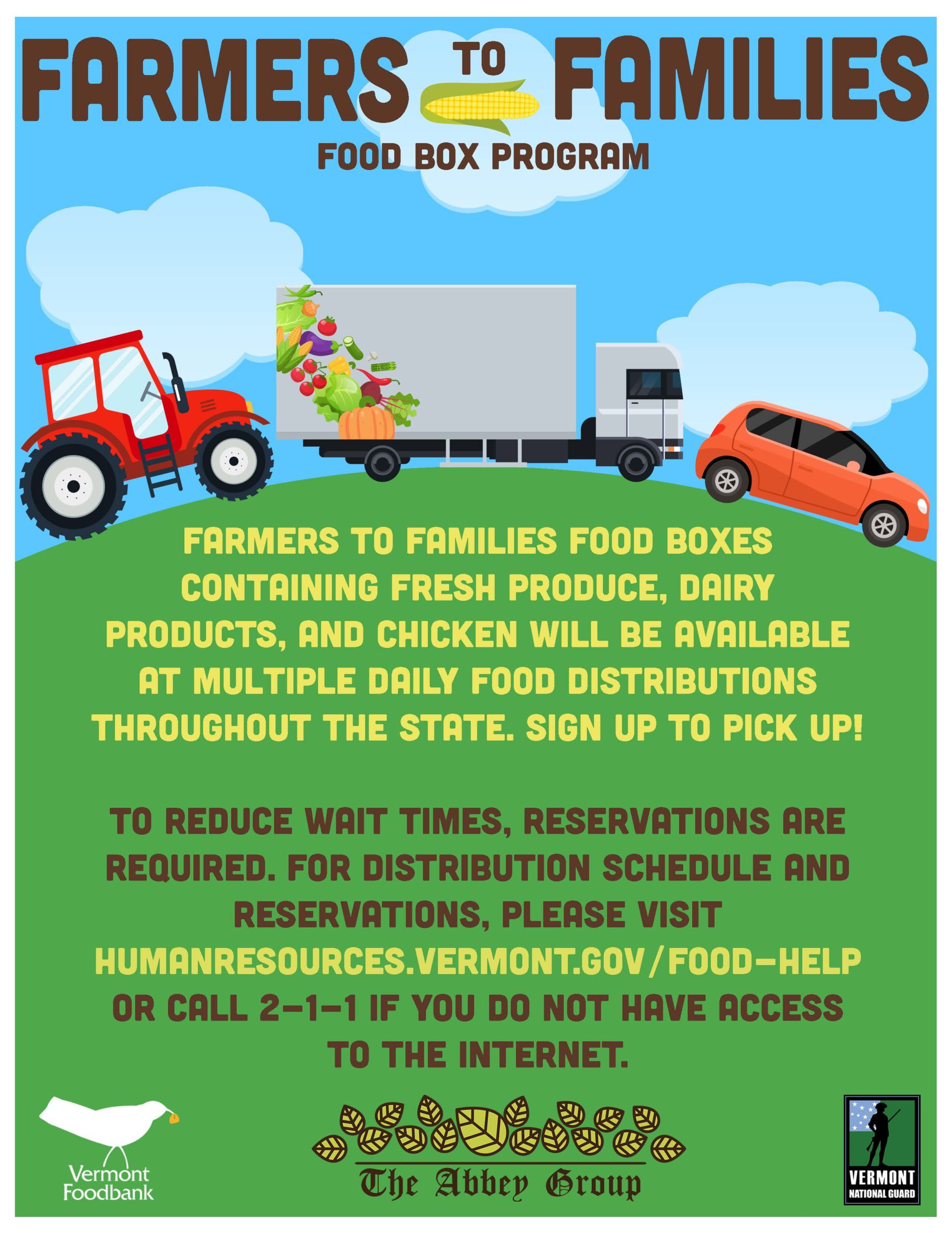 Information about the upcoming Farmers to Families distributions. Please call 2-1-1 for information.