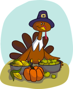 Cartoon turkey with corn and a pumpkin