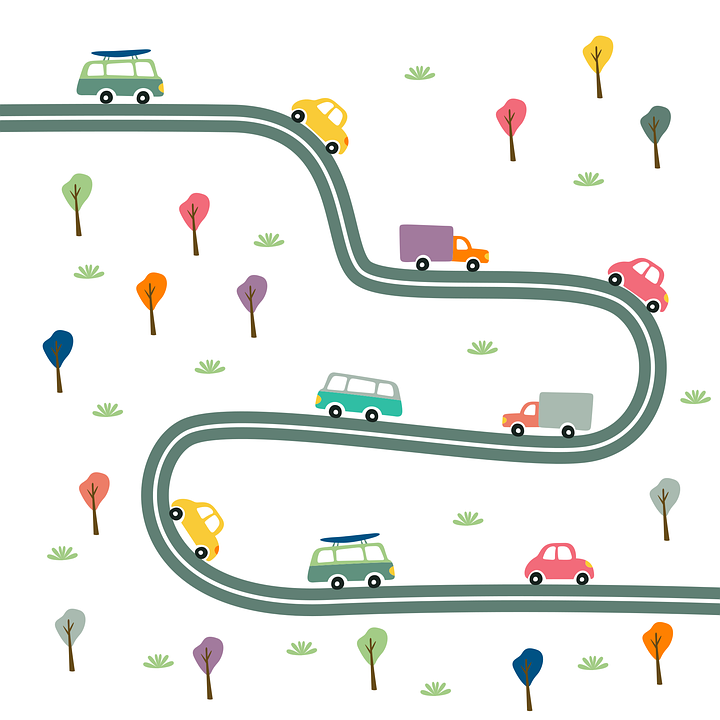 Cartoon of cars, trucks, and vans on a windy road.